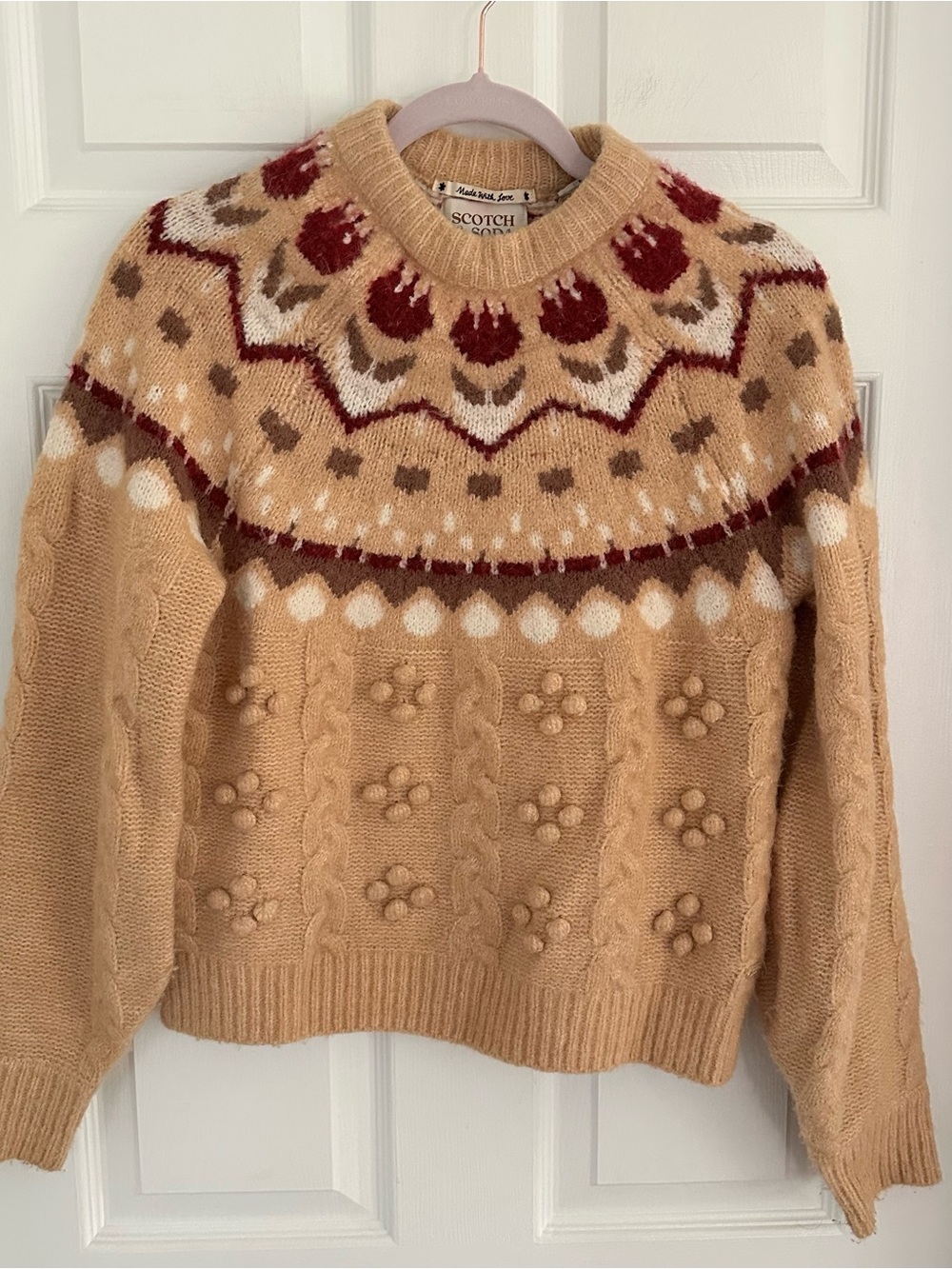 Scotch & Soda Camel Fair Isle Crewneck Sweater with Burgundy Accents
